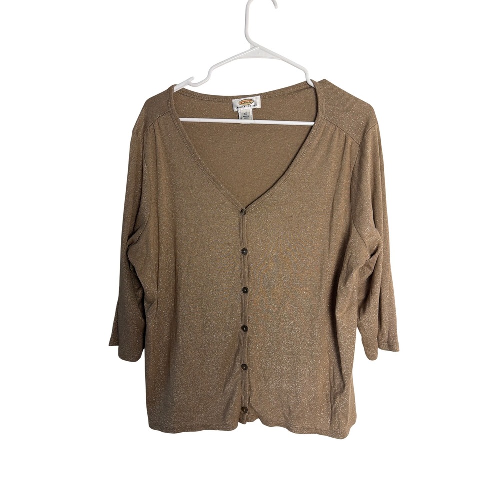 Talbots Woman Petites Gold Metallic V-Neck Cardigan 3/4 Sleeve Size 1X